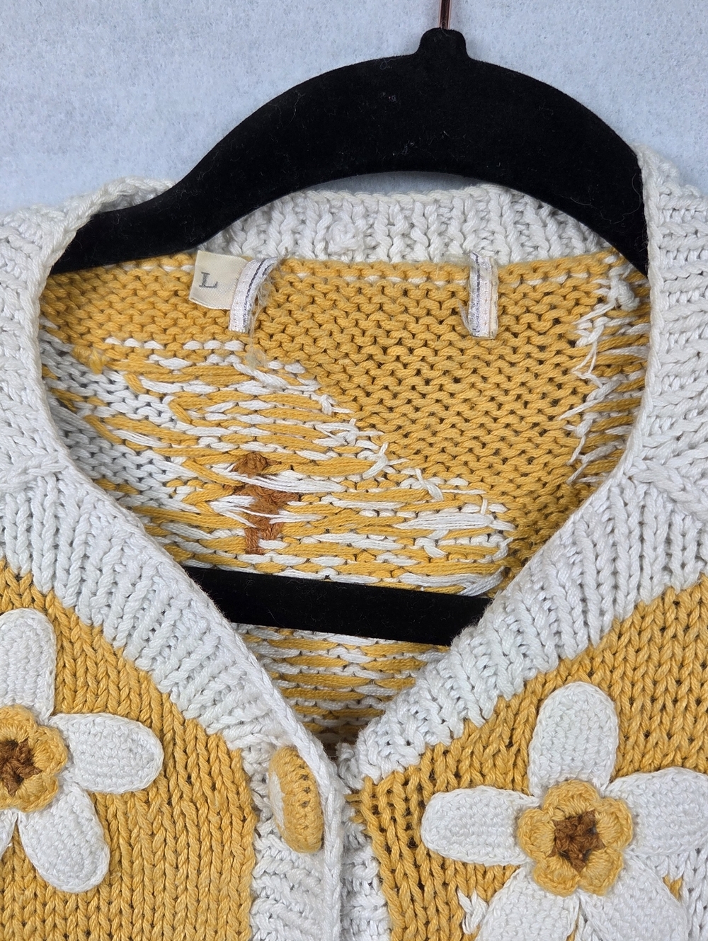 Vintage Hand Knit Floral Cardigan Yellow Daisy Embroidered 3D Cottagecore - Picture 2 of 8